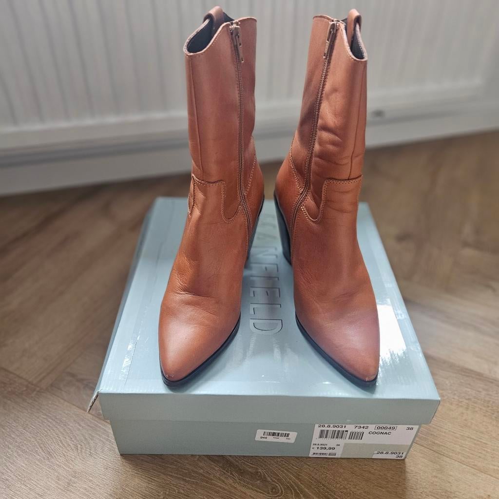 Dames  laarzen cognac leder Manfield Zgan, Bruin, Lage of Enkellaarzen, Ophalen of Verzenden, Zo goed als nieuw
