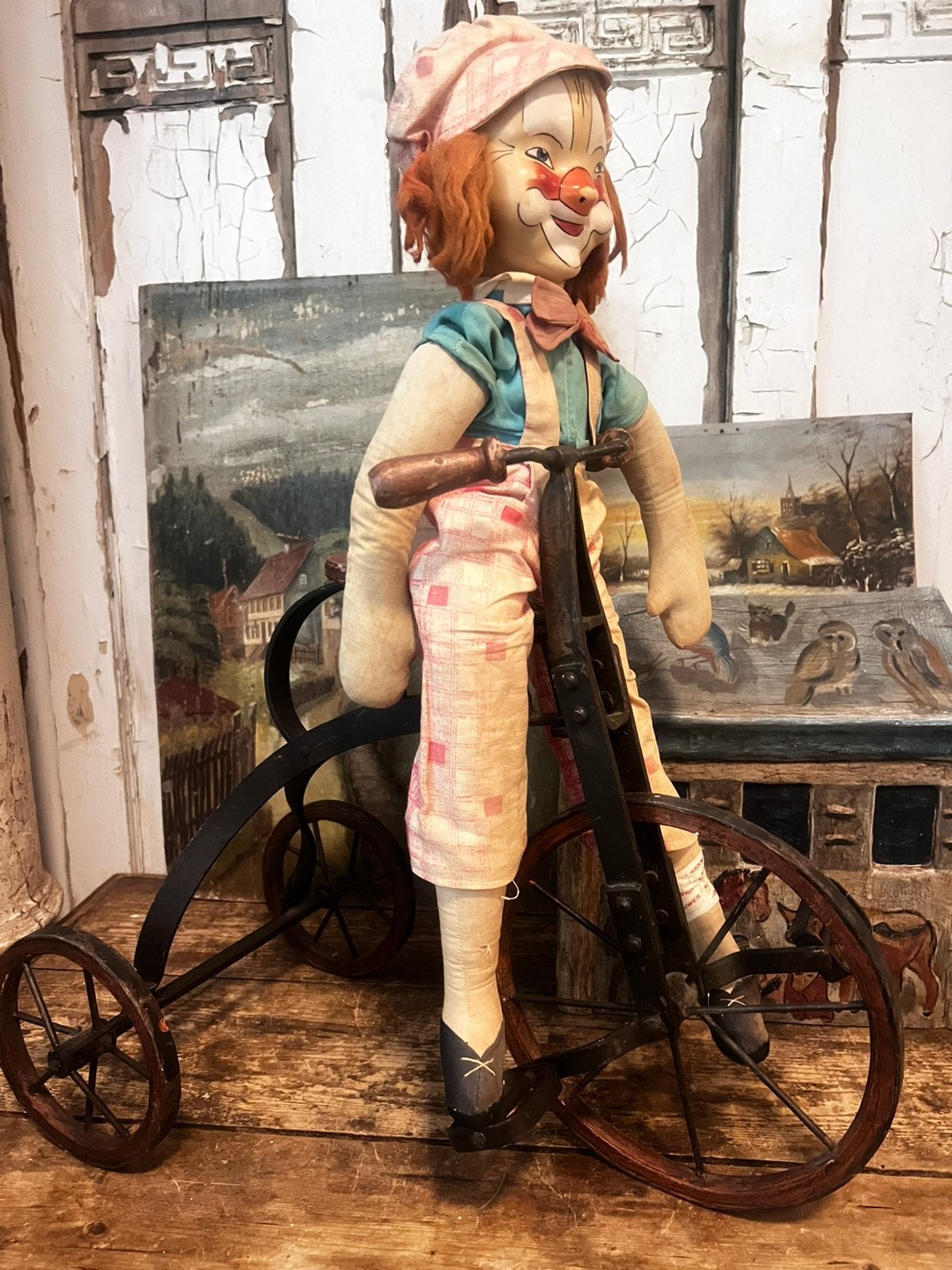 Antieke oud fietsje driewieler met shabby clown brocante, Antiek en Kunst, Antiek | Speelgoed, Ophalen of Verzenden