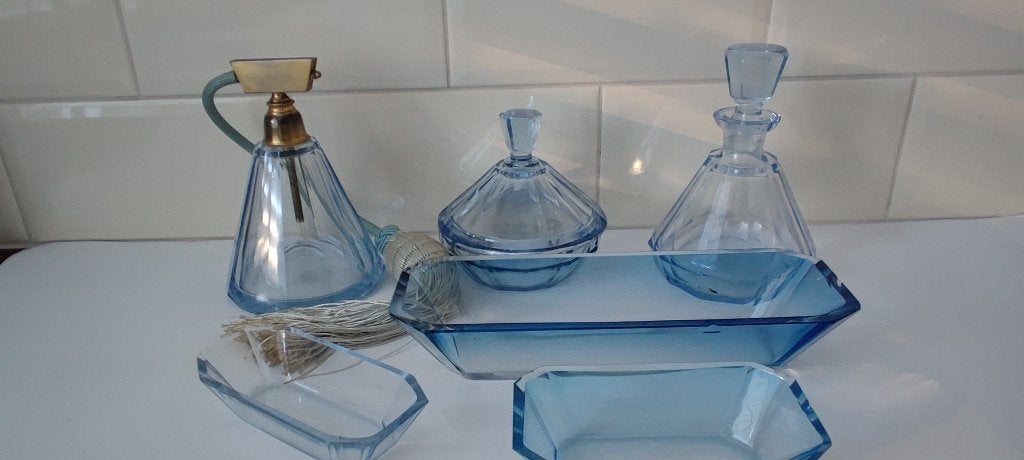 Antiek Art Deco toiletstel, kaptafelset van blauw glas, Ophalen of Verzenden
