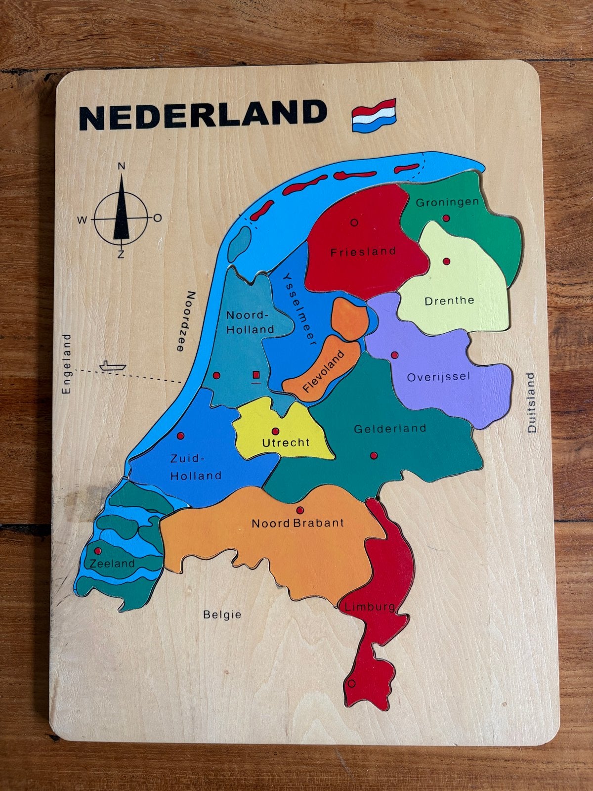 Houten puzzel Nederland: Provincies en hoofdsteden, Ophalen of Verzenden, 10 tot 50 stukjes, Gebruikt, Van hout