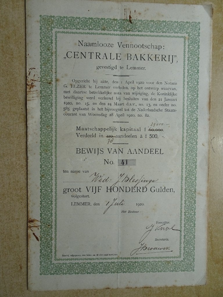 Aandeel 50 gulden "Centrale Bakkerij" te Lemmer 1920, Ophalen of Verzenden, 1920 tot 1950, Aandeel