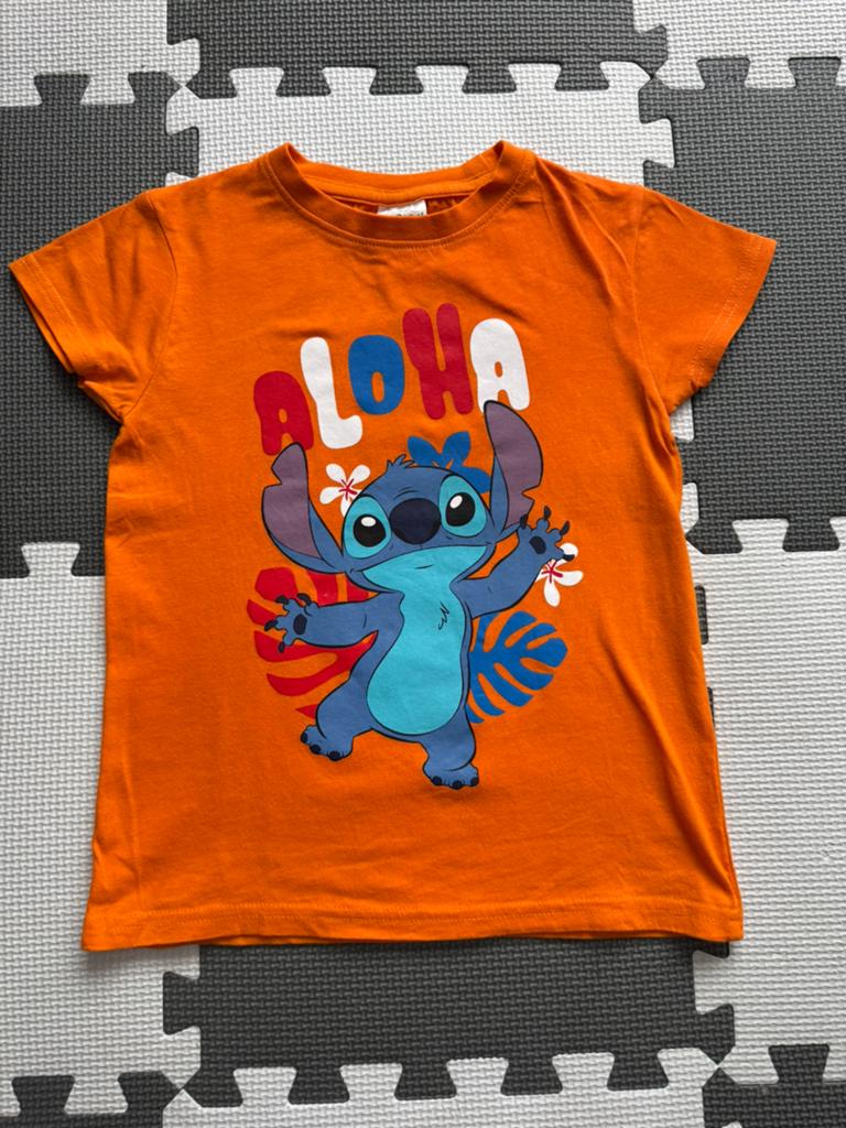Oranje Disney Stitch T-shirt "Aloha" - Maat 104/110, Ophalen of Verzenden, Gebruikt, Jongen of Meisje