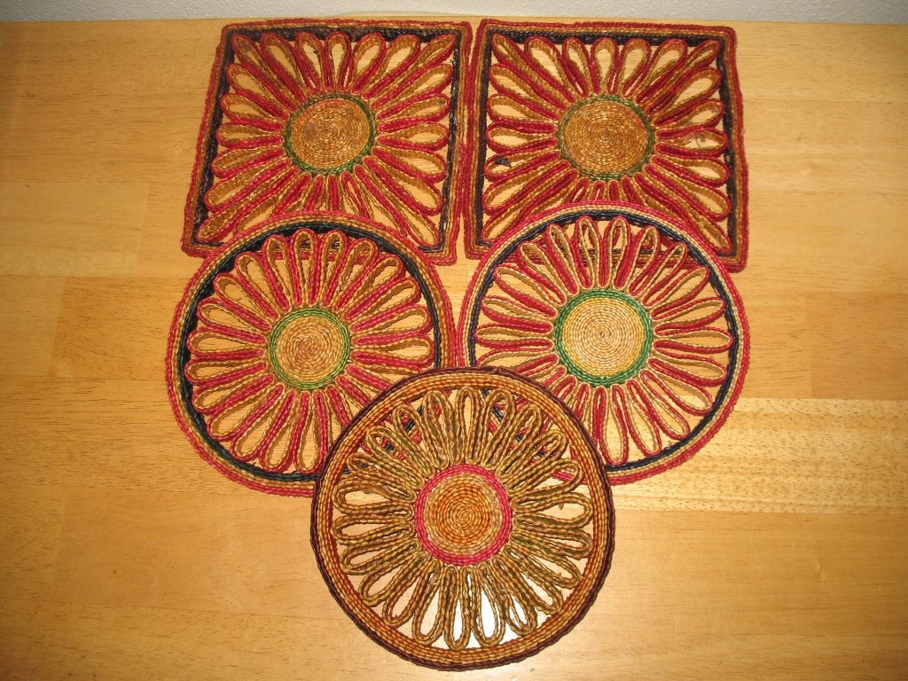 Retro 5x Rieten Pan Tafel Onderzetters Mix Gekleurd Vintage, Ophalen, Overige materialen