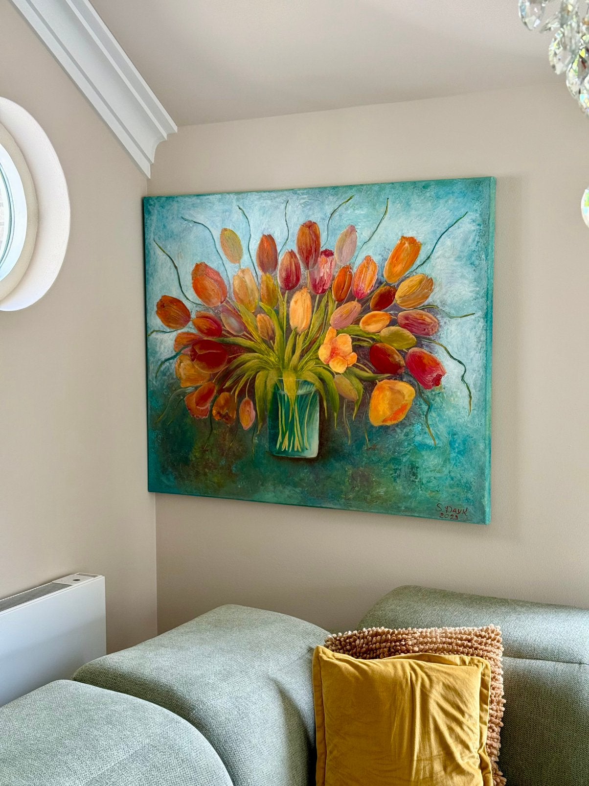 Prachtig kleurrijk schilderij. Tulpen 120X100 cm, Ophalen, Handgeschilderd, Olieverf, Bloemen