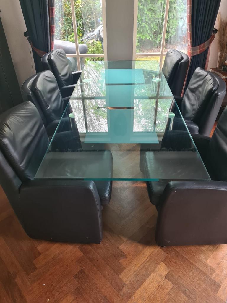 Glazen eettafel met 6 stoelen, Ophalen, Gebruikt, 200 cm of meer, 50 tot 100 cm
