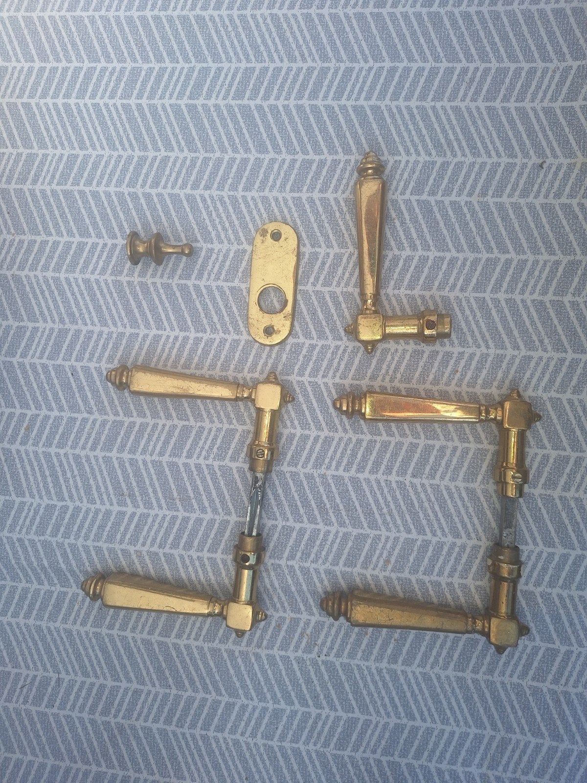 Antieke messing deurklinken set met schild, Ophalen of Verzenden