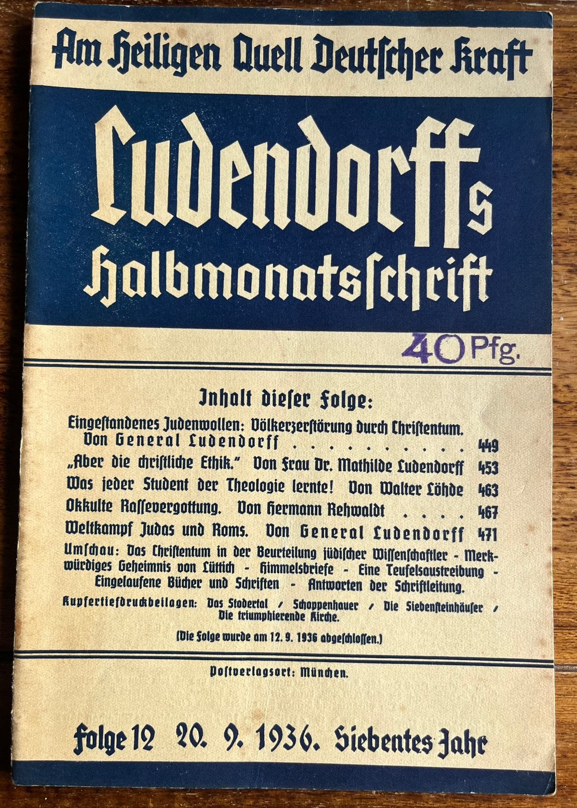 WO2 DUITS Tijdschrift Ludendorffs Halbmonatschrift 1936, Ophalen of Verzenden, Landmacht, Duitsland, Boek of Tijdschrift