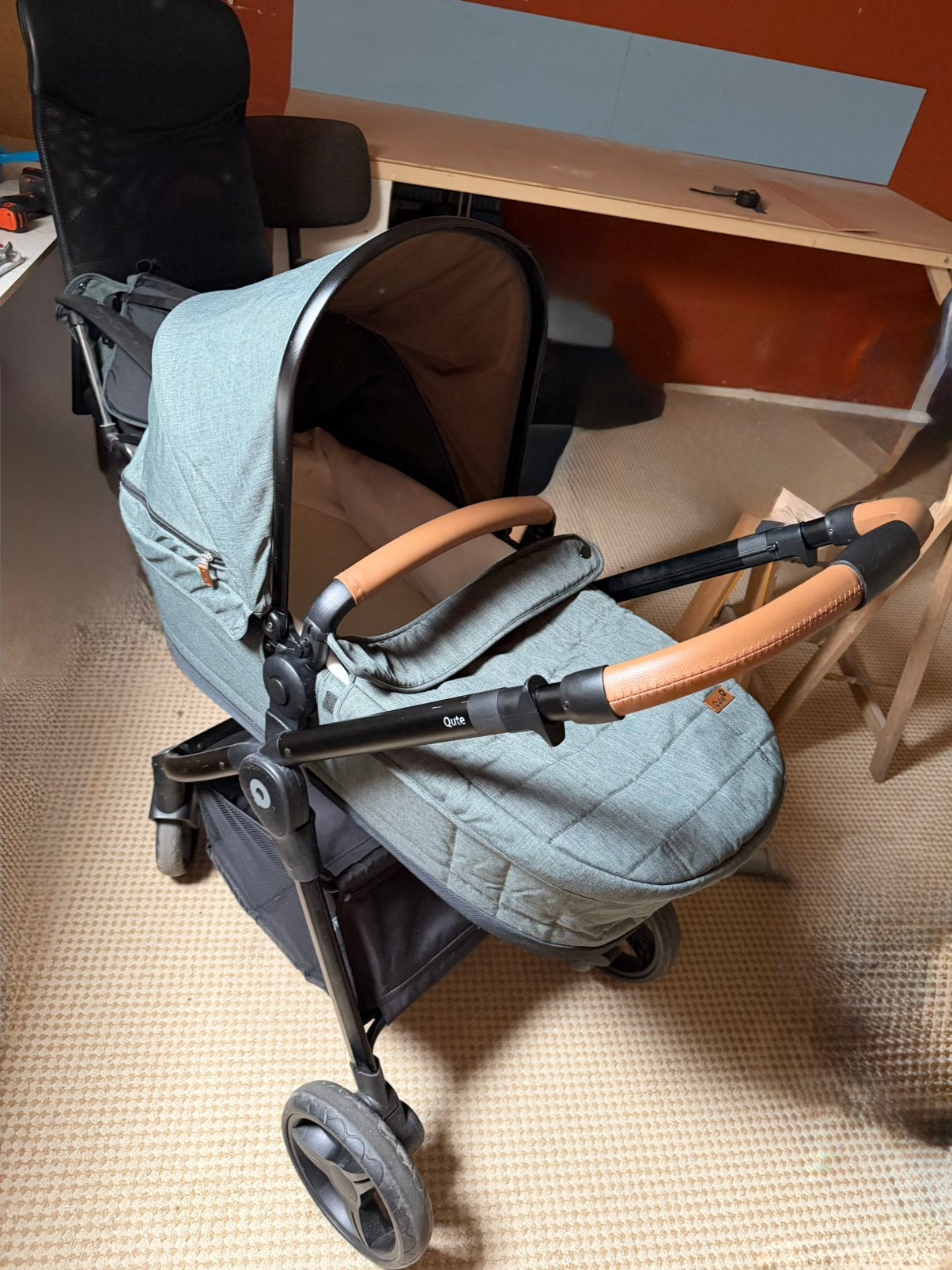 combi kinderwagen Qute Q move jeans groen, zwart frame, Gebruikt, Verstelbare duwstang, Combiwagen, Ophalen