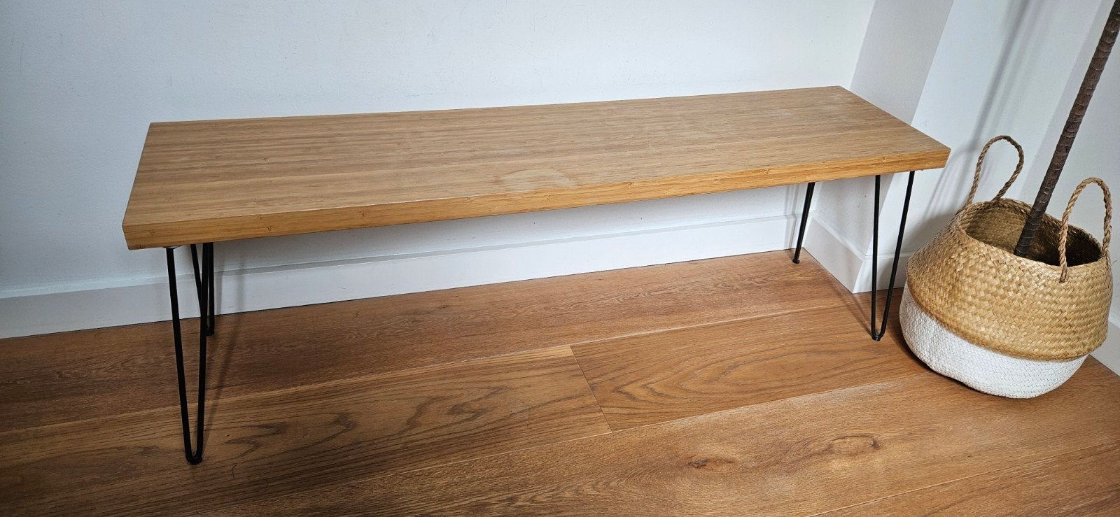 Houten bankje met hairpin poten, Ophalen, Gebruikt, Bruin, Industrieel, Modern