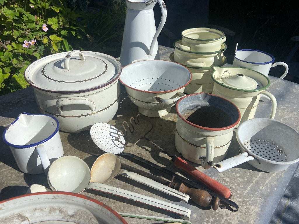 Grote collectie vintage emaille keukengerei, Antiek en Kunst, Ophalen