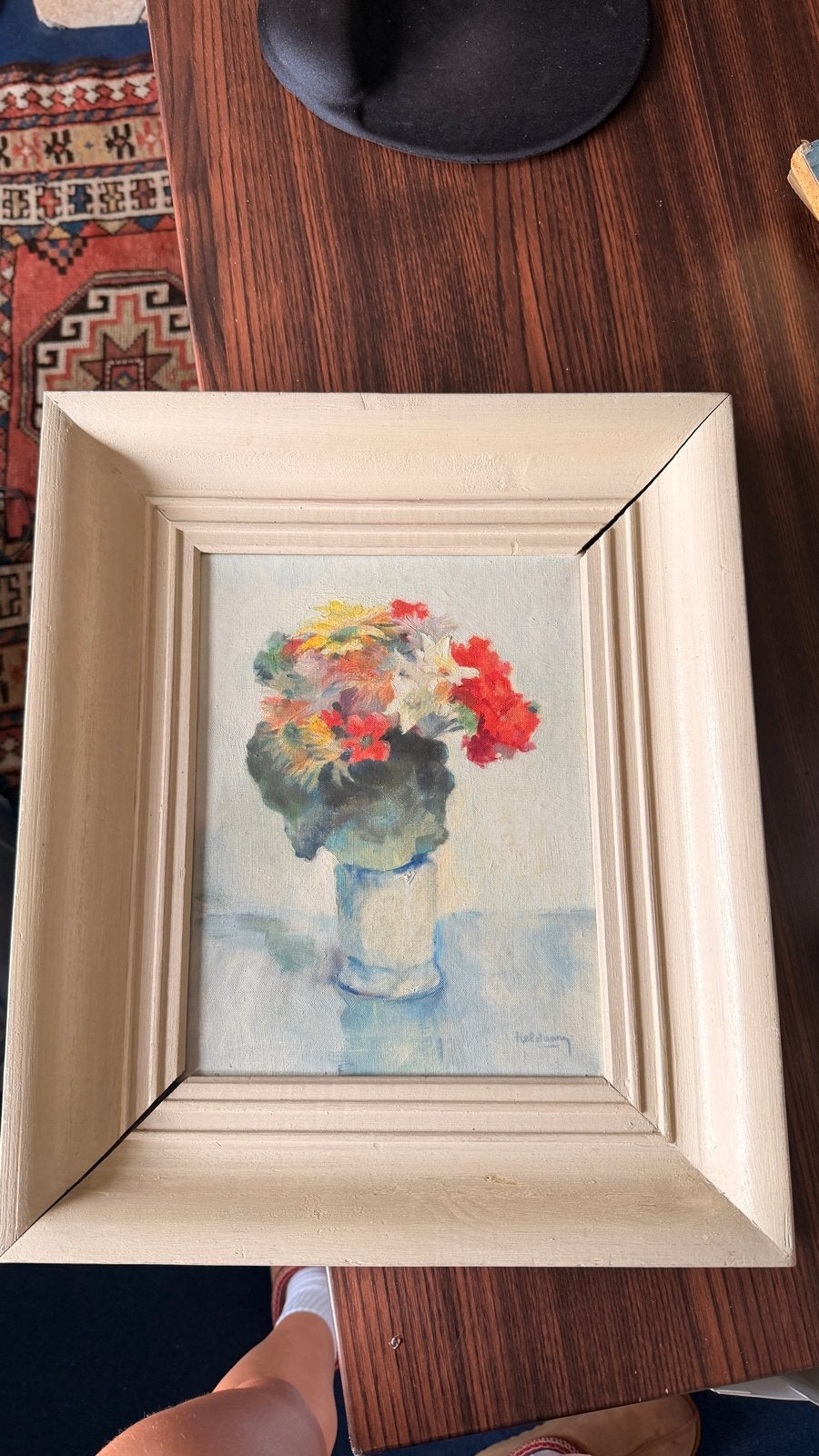 Kleurrijk bloemstilleven in lijst, Doek, Impressionistisch, Gesigneerd, Olieverf
