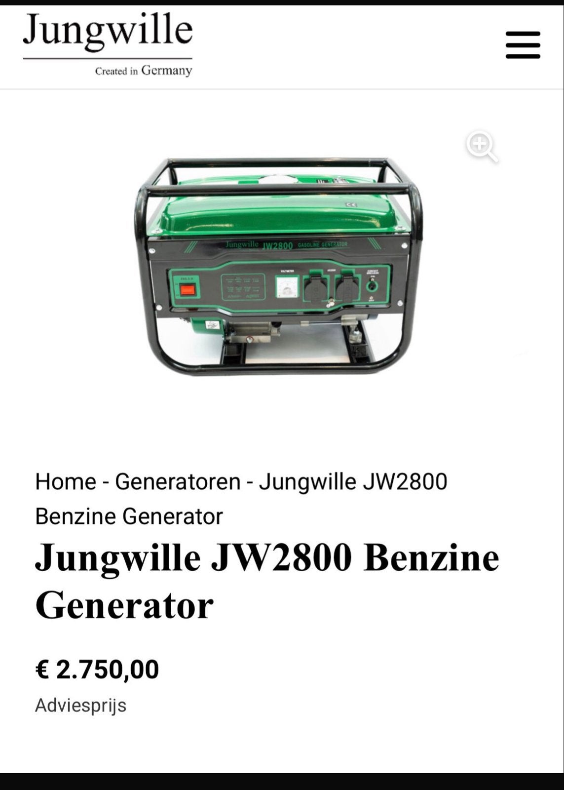 JUNGWILLE JW2800 Benzine Generator - Nieuw in doos!, Ophalen of Verzenden, Nieuw, Minder dan 5 kVA, Benzine