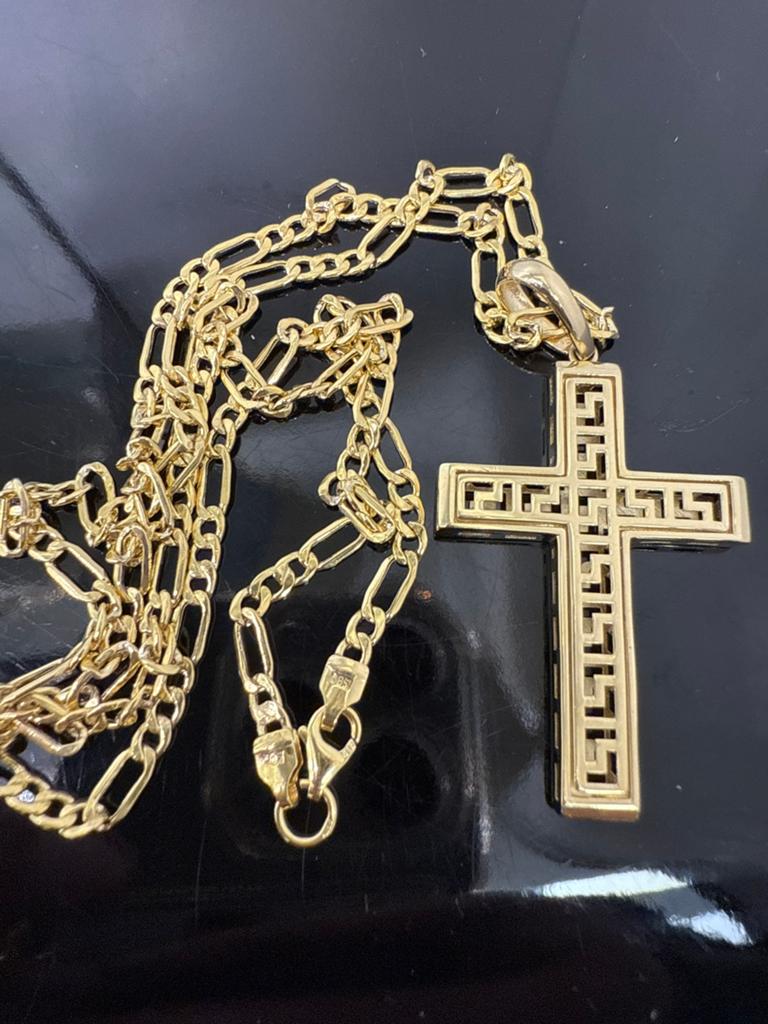 Prachituge 14k gouden figaro ketting met unieke kruis hanger, Ophalen of Verzenden, Nieuw, Goud