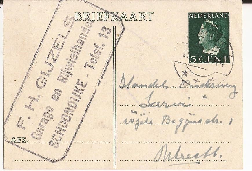 SCHOONDIJKRE 1946 F.H. GIJZELS Garage en Rijwielhandel, Ophalen of Verzenden, 1940 tot 1960, Gelopen, Zeeland