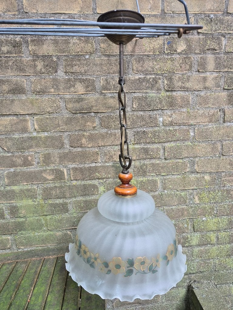 Vintage hanglamp met bloemmotief en glazen kap, Gebruikt, Glas, Vintage, Klassiek, Nostalgisch, E27 (groot)