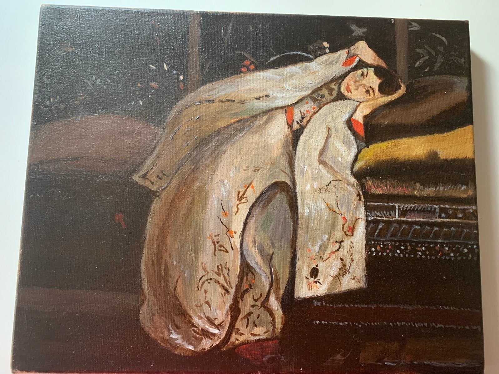 Reproductie meisje in witte kimono van Breitner, Doek, Portret of Personen, Realistisch, Ophalen of Verzenden