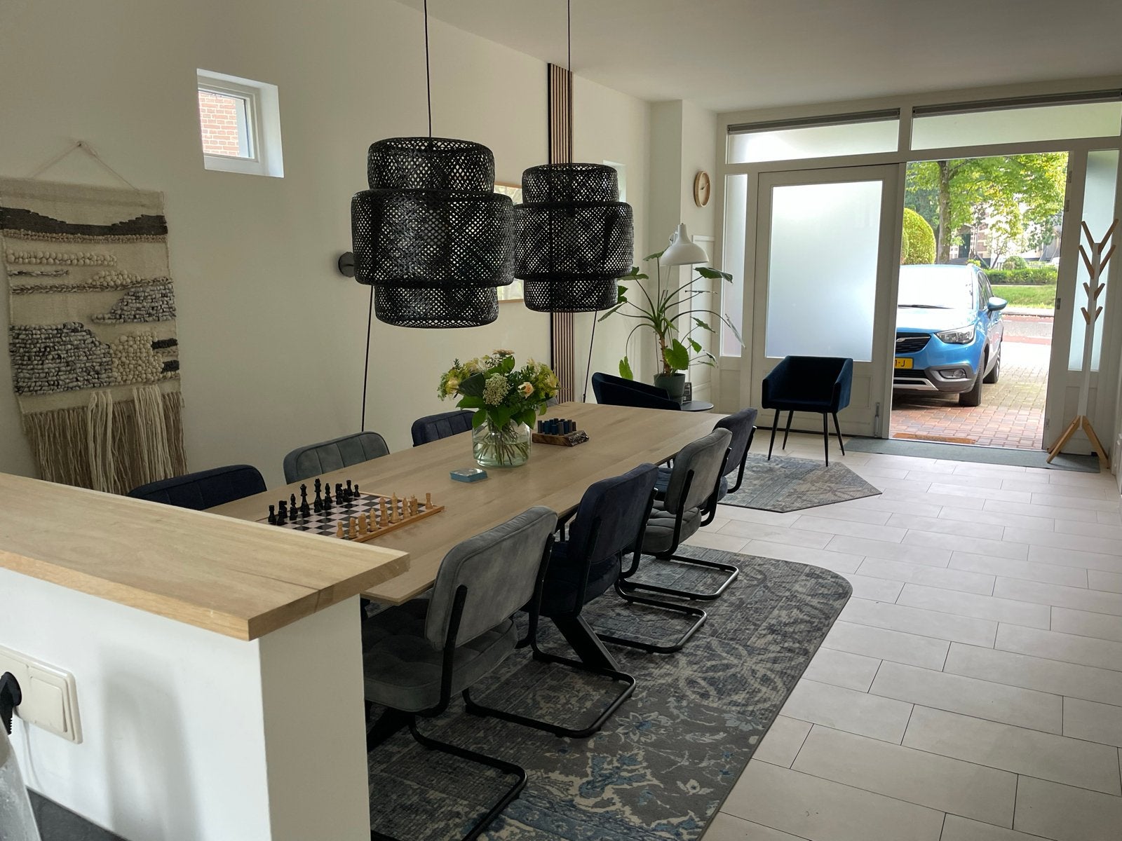 2x IKEA Sinnerlig hanglamp bamboe zwart 50 cm, Ophalen, Gebruikt, Natuurlijk materiaal, E27 (groot)