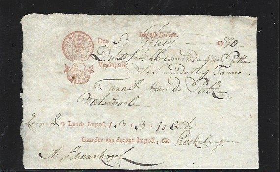 Oud importbiljet 1770 hekelingen met zegelrecht, Postzegels en Munten, Ophalen of Verzenden