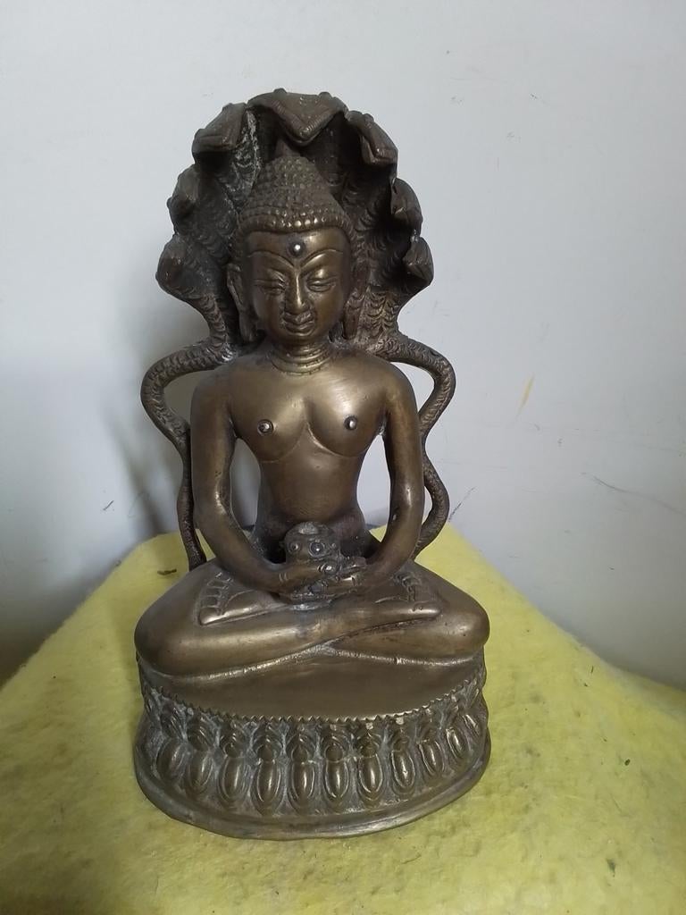 10129) mooie zware bronze Boeddha met 7 slangen, Ophalen of Verzenden, Zo goed als nieuw