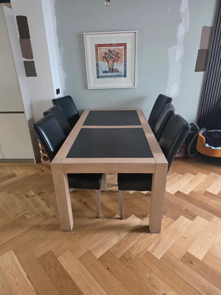 Eiken eettafel met leistenen blad 200x100cm, Gebruikt, 100 tot 150 cm, Ophalen of Verzenden, Vijf personen of meer