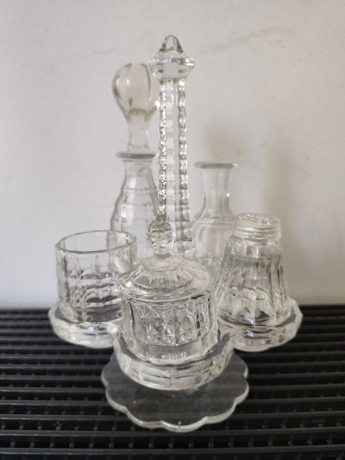 Midcentury olie en azijn stel, geperst glas, 26x22 cm, Antiek en Kunst, Ophalen of Verzenden