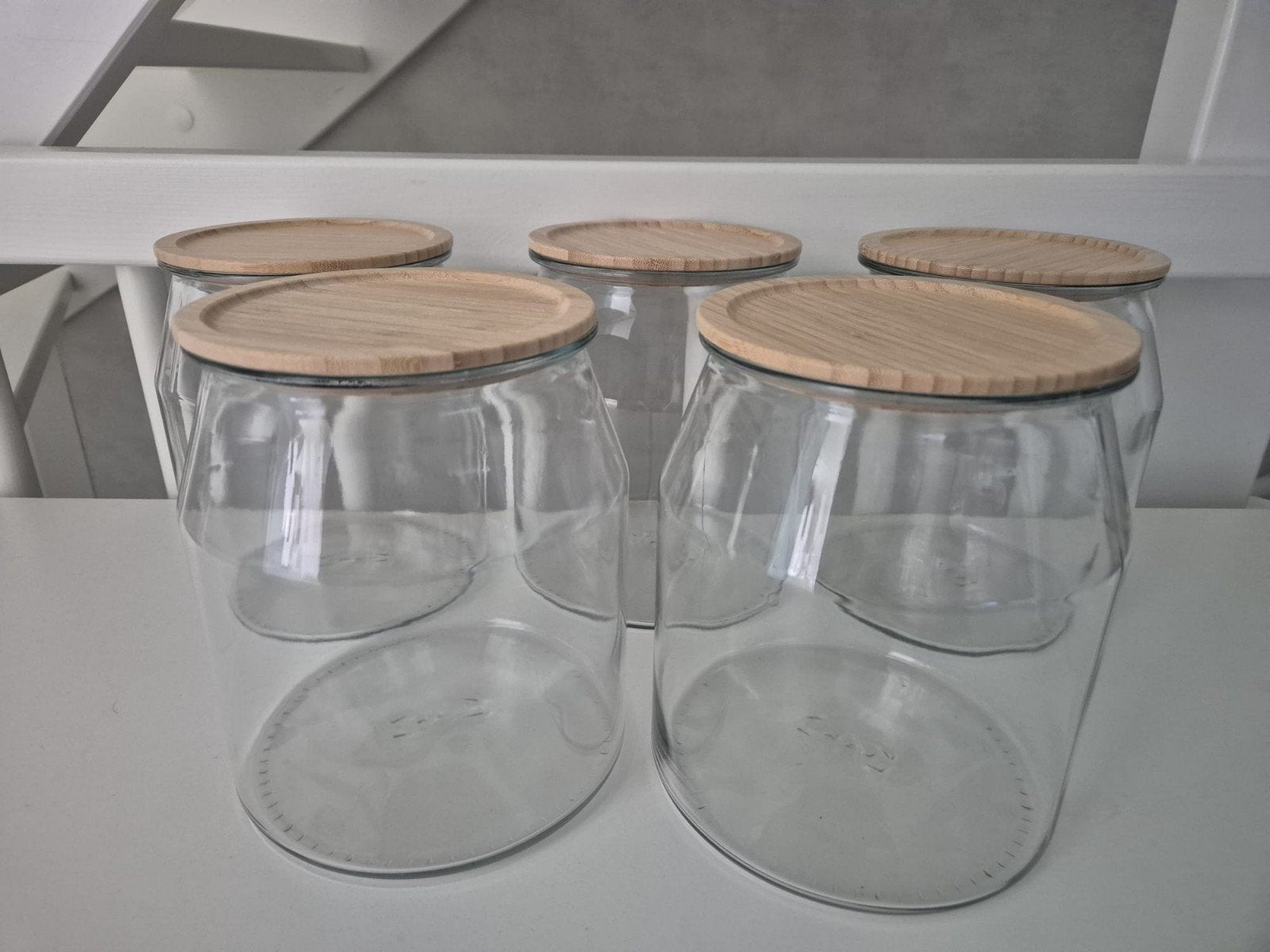 Set van 5 glazen potten met houten deksel, Met deksel, Rond, Pot of Kruik, Ophalen of Verzenden