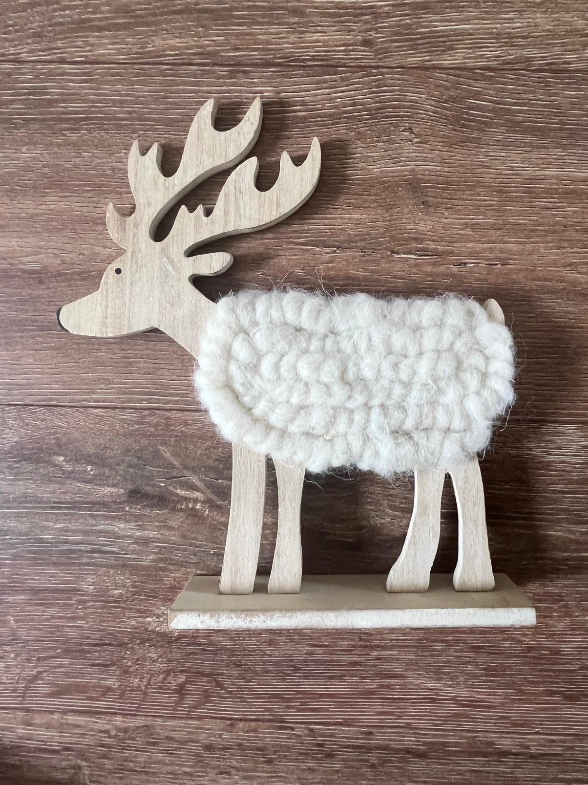 Houten rendier / hertje met wollen details decoratie, Ophalen of Verzenden, Zo goed als nieuw