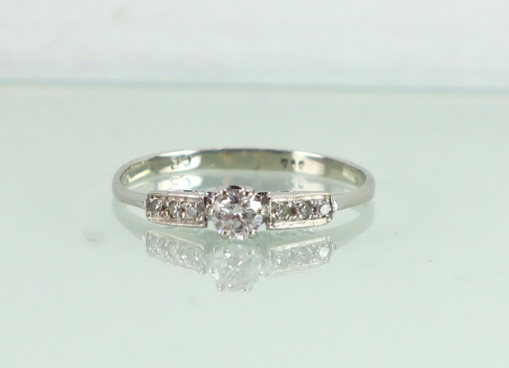 Antieke witgouden ring diamant, Art Deco, Ophalen of Verzenden, Goud, Ring, Met edelsteen