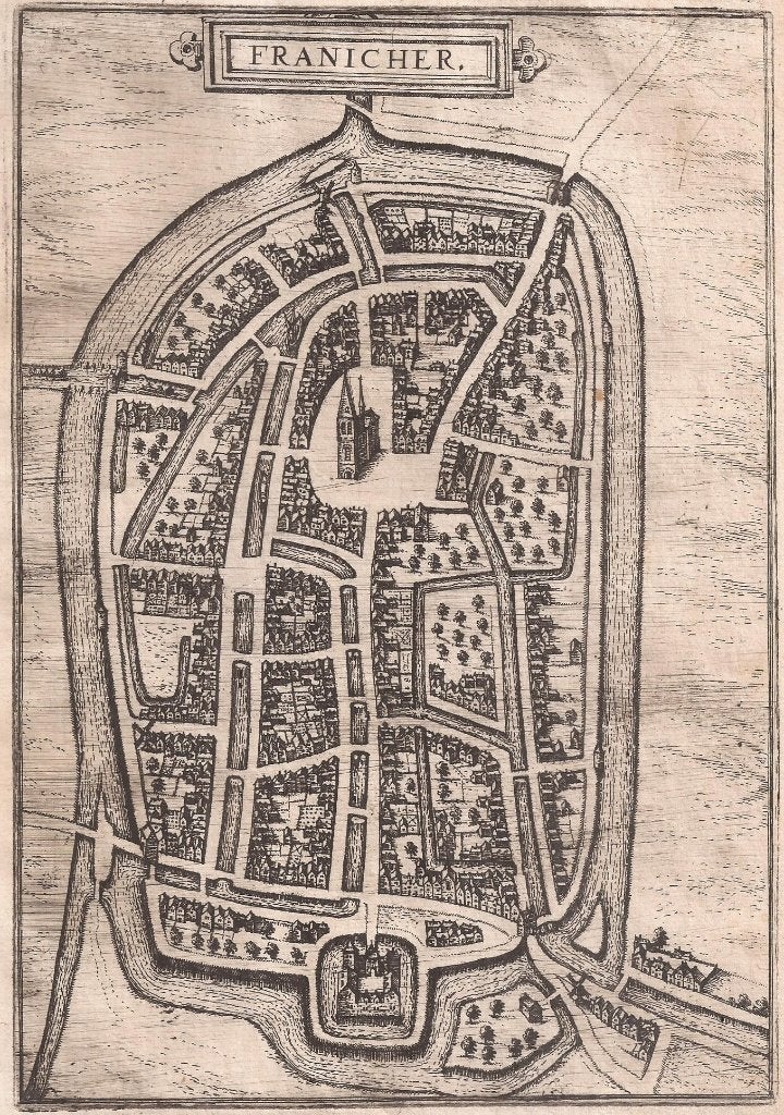 Franeker 'Franicher' Plattegrond 1582 Fraai !, Cartografie, Ophalen of Verzenden, Gravure, 24 cm
