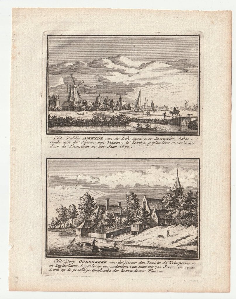 Ameyde / Ameide + Ouderkerk oude gravure 1725 Bregmagher, Verzenden, Gravure, Blanco verso, 1700 - 1799