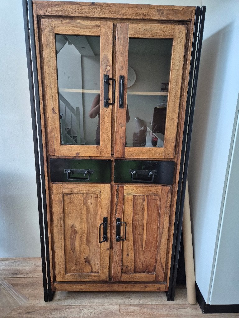 Houten vitrinekast, Huis en Inrichting, Kasten | Vitrinekasten, Ophalen, Gebruikt, Met deur(en), Eikenhout