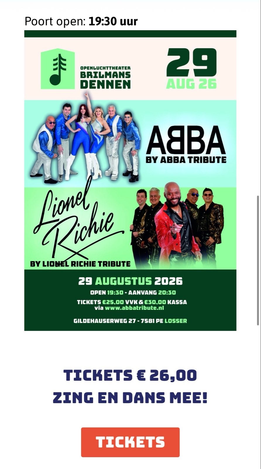 2 tickets ABBA&Lionel Richie open lucht theater Losser, Tickets en Kaartjes, Twee personen, Juni