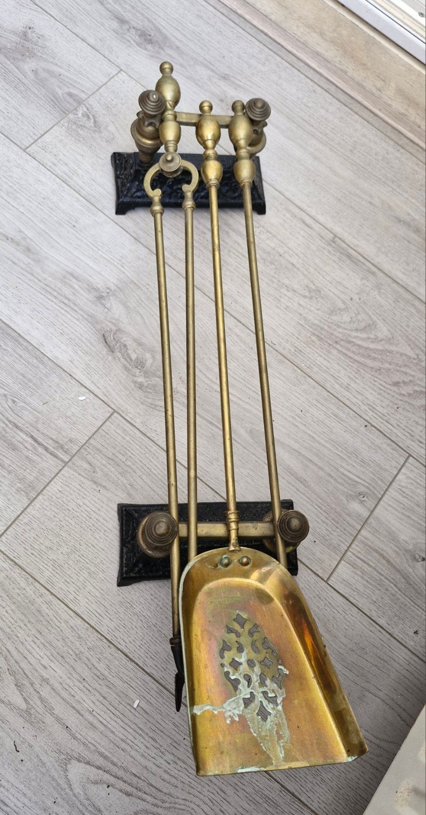 Antiek messing haardstel met schep, pook en tang, Ophalen, Vintage, Gebruikt, Goud