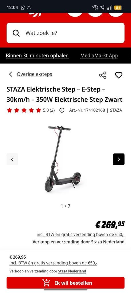 STAZA Elektrische Step - E-Step 25km/h - 350W Zwart, Ophalen of Verzenden, Zo goed als nieuw, Elektrische step (E-scooter)