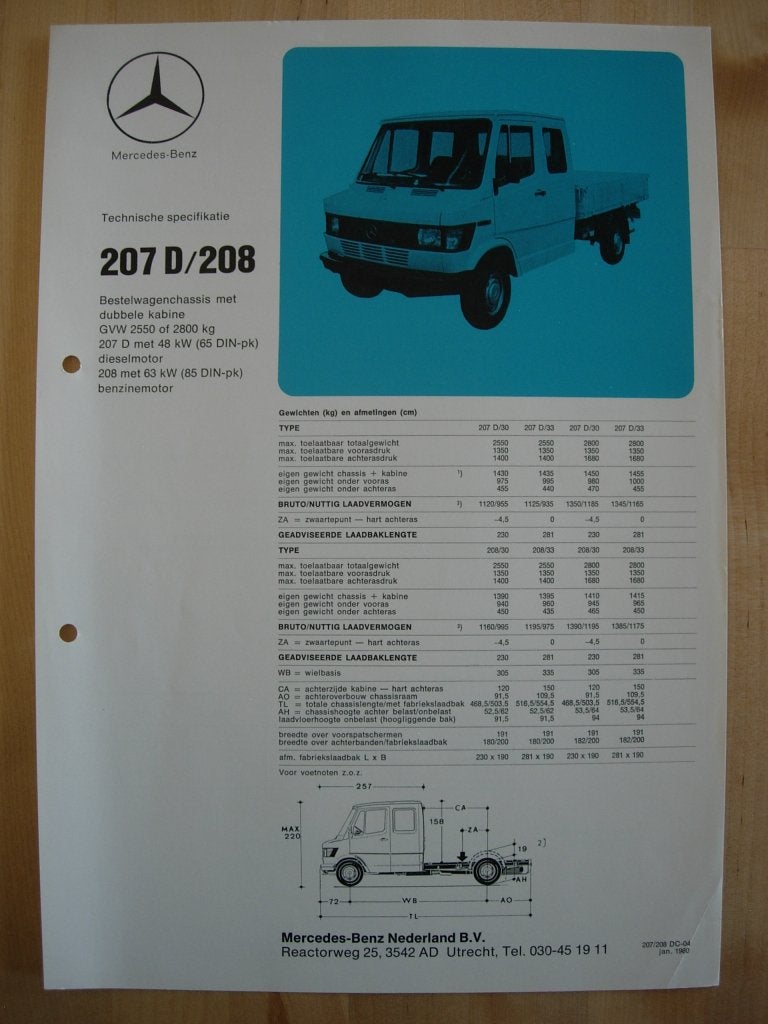 Mercedes 207 208 Specificatie Brochure 1980 207D, Zo goed als nieuw, Mercedes-Benz, Mercedes, Ophalen of Verzenden