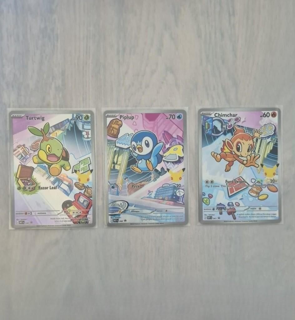 Pokémon Kaarten: Turtwig, Piplup, Chimchar 30th Anniversary, Ophalen of Verzenden, Nieuw, Losse kaart, Foil