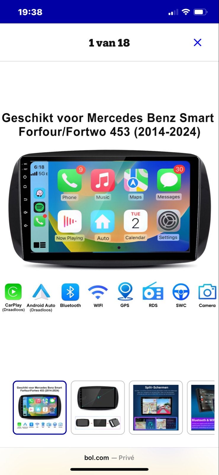 Junsun Android 15 Autoradio Smart Forfour/Fortwo 453 (2014-2, Ophalen of Verzenden, Zo goed als nieuw