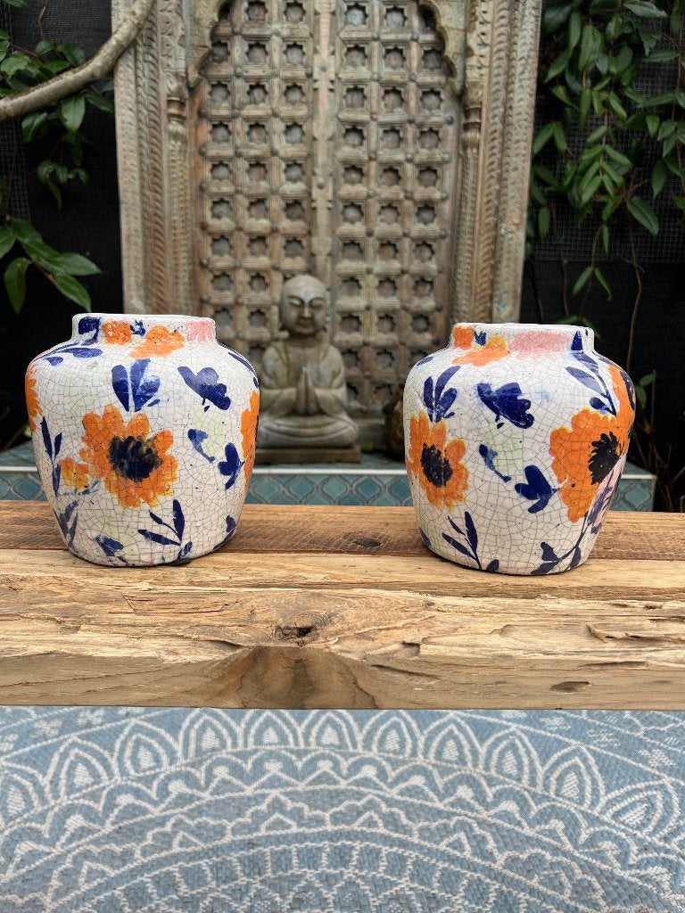Aardewerk craquelé pot bloemen Blauw, Tuin en Terras, Rond, Ophalen of Verzenden, https://verburgtvintage.nl/#contact, Schipluidenlaan 20 5035KJ Tilburg