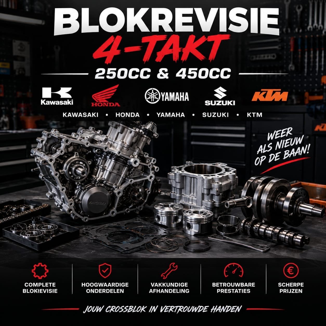 BLOKREVISIE 4-TAKT CROSSMOTOREN – 250CC & 450CC, Ophalen of Verzenden, Gebruikt
