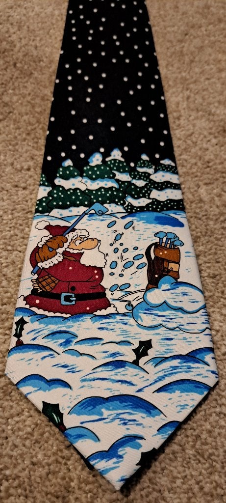 Kerst stropdas met golf spelende Kerstman in de sneeuw, Ophalen of Verzenden