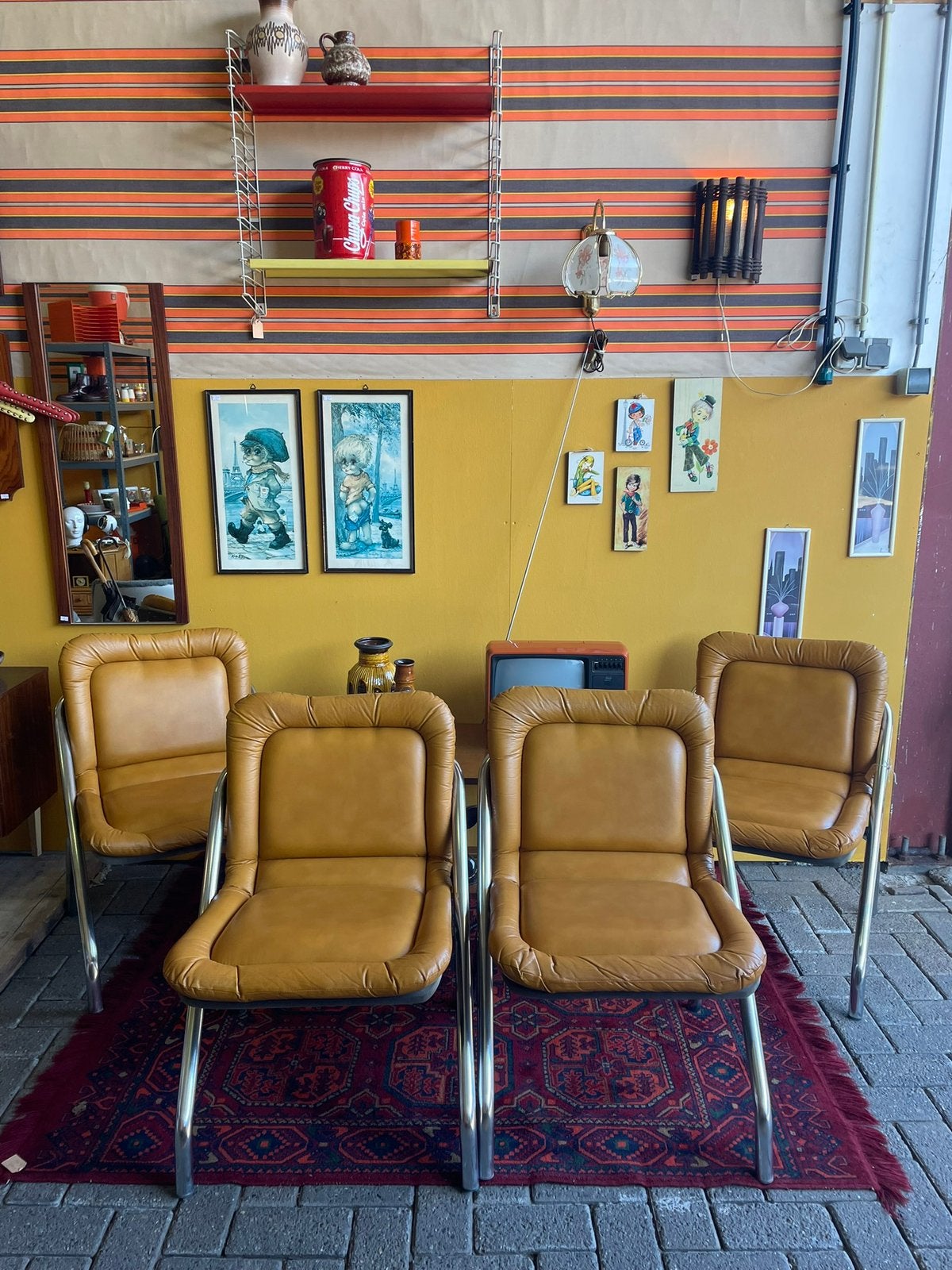 4 vintage jaren 70 okergele buisframe stoelen, space age, Huis en Inrichting, Ophalen, Overige kleuren, ?, Leer