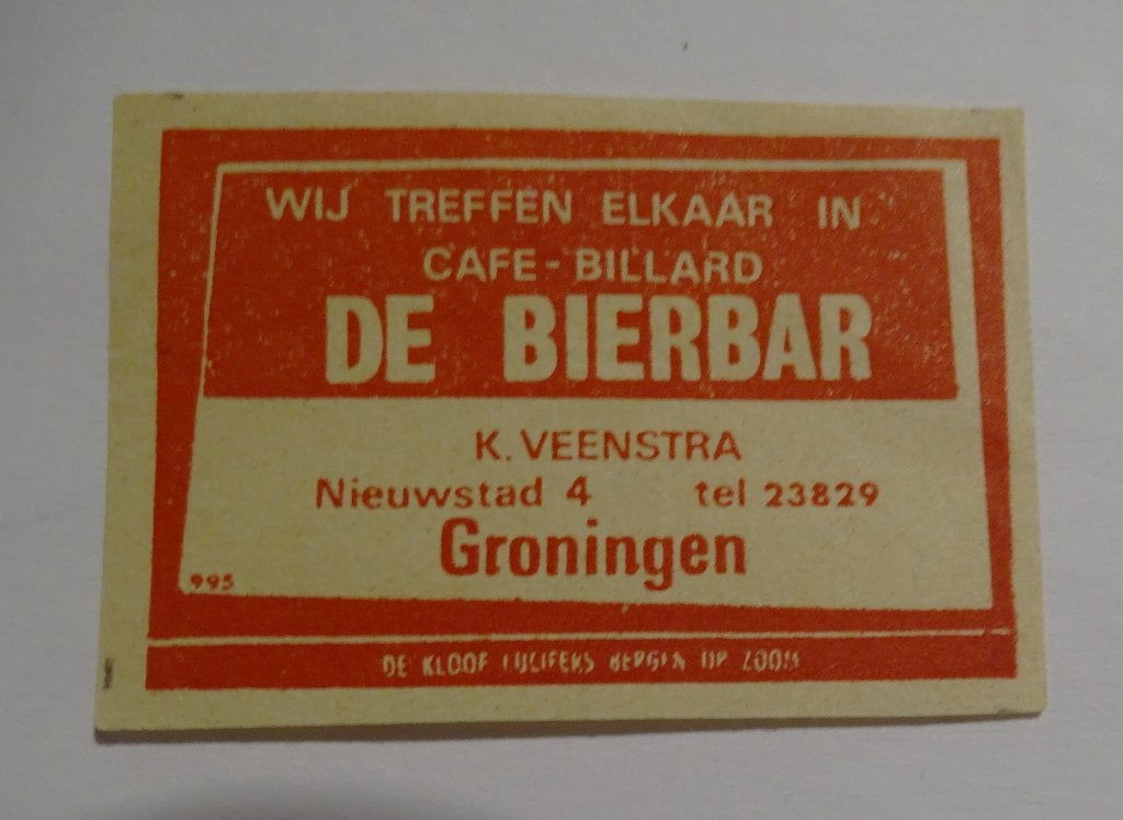 Café    DE BIERBAR    Nieuwstad   GRONINGEN, Verzenden, Zo goed als nieuw, Luciferdoosjes of -merken