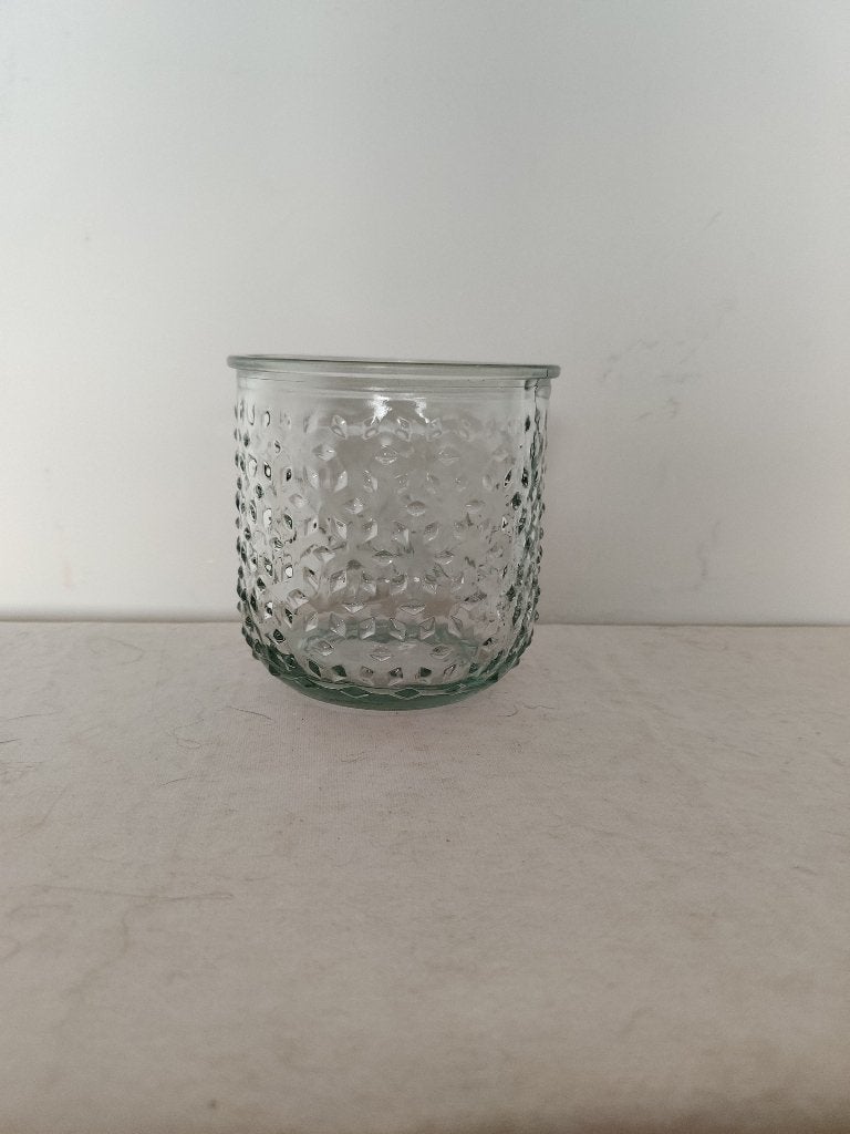 1 glazen bloempot 10,5 cm. breed en 10,5 cm. hoog, Overige materialen, Gebruikt, Rond, Binnen