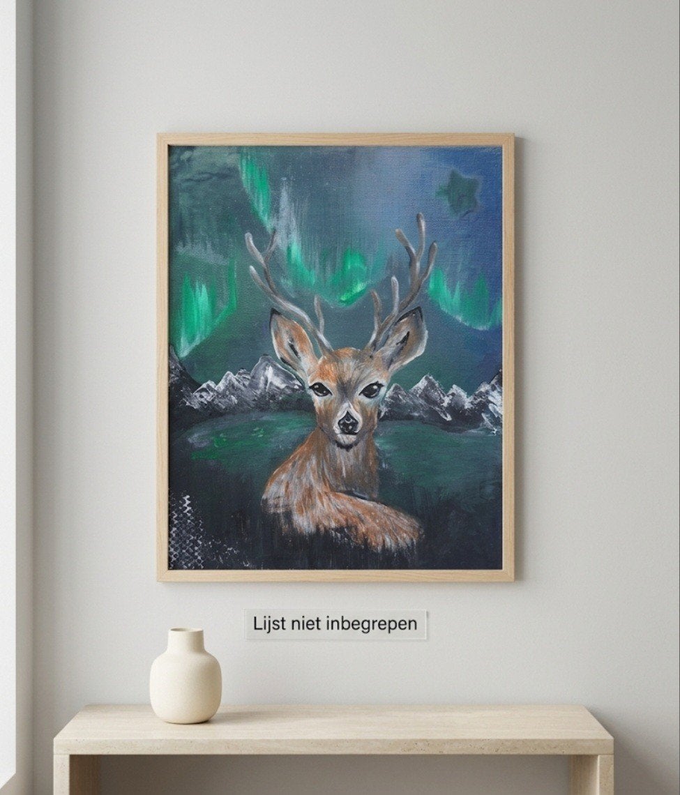 Schilderij Hert met Noorderlicht - 24x30 cm, Ophalen of Verzenden