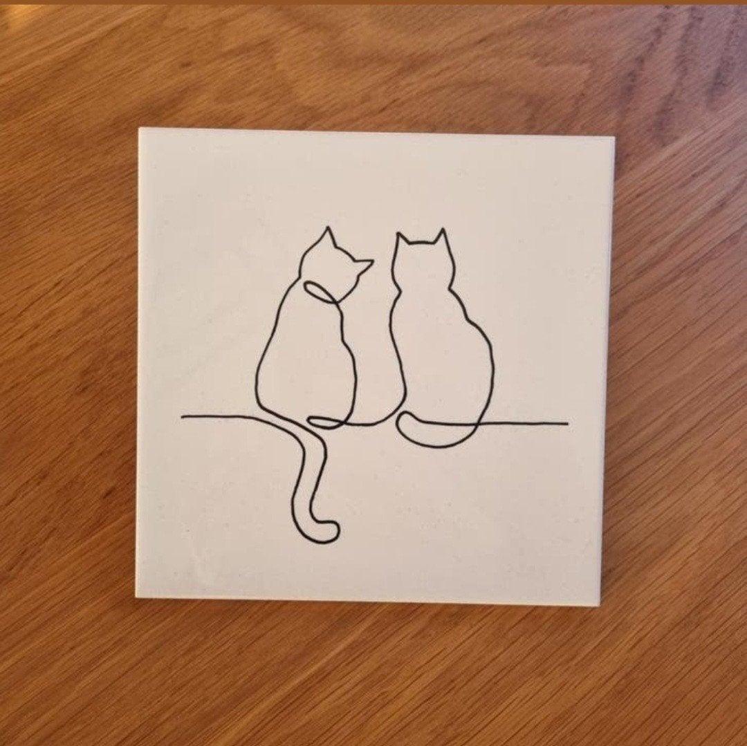 Tegeltje lijntekening lijn tekening twee zittende katten kat, Ophalen of Verzenden