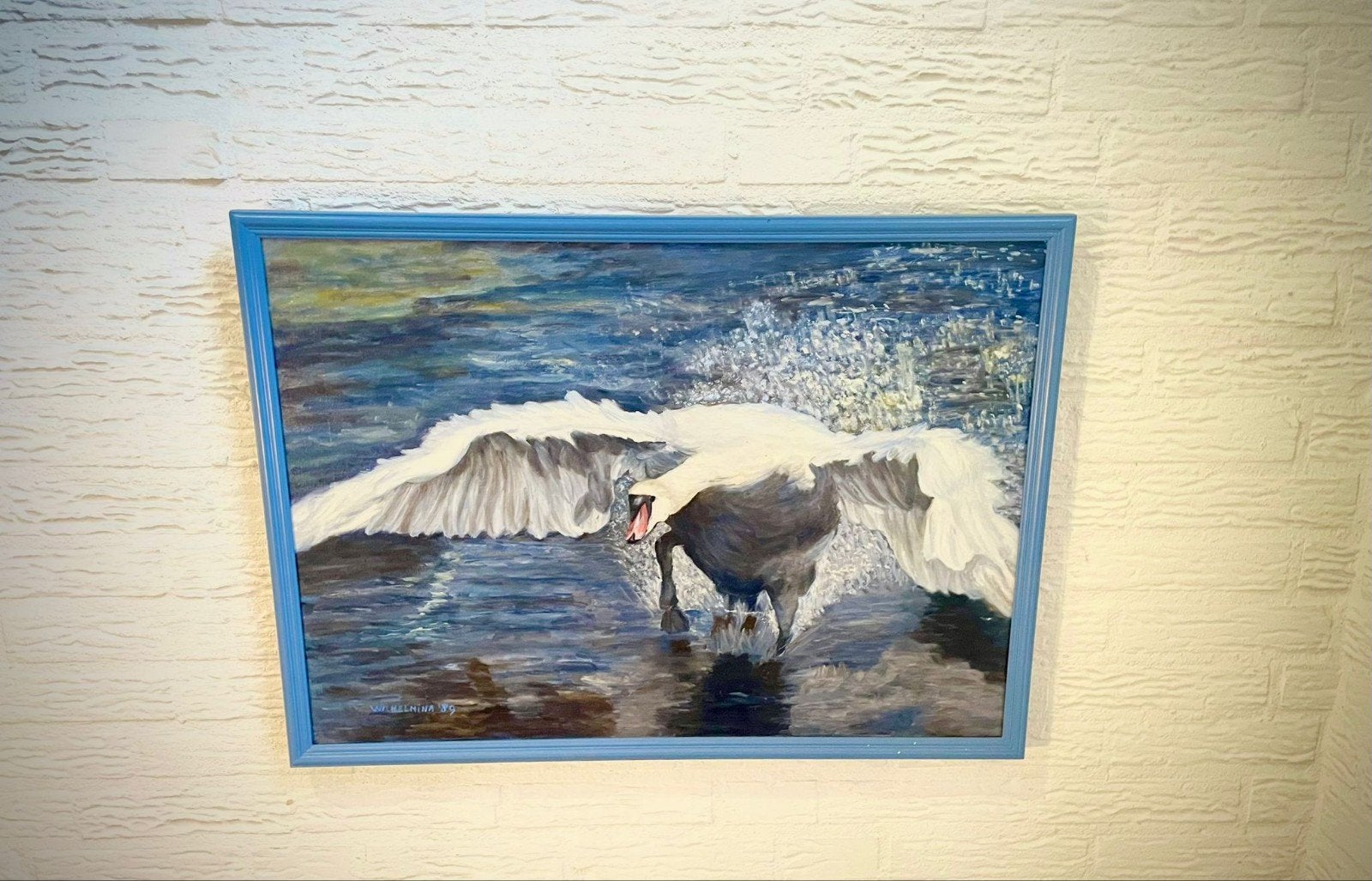 Mooi groot olieverfschilderij 'Landende Zwaan', Ophalen of Verzenden