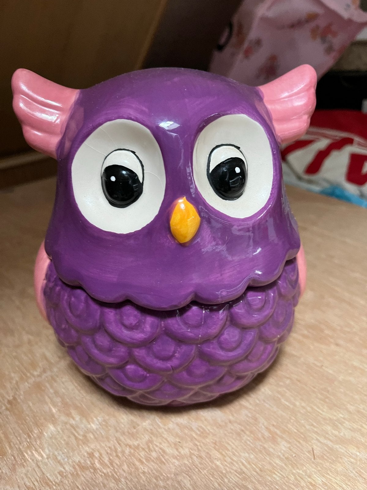 Leuke paarse voorraadpot in de vorm van een uil, Gebruikt, Overige stijlen, Ophalen of Verzenden, Paars