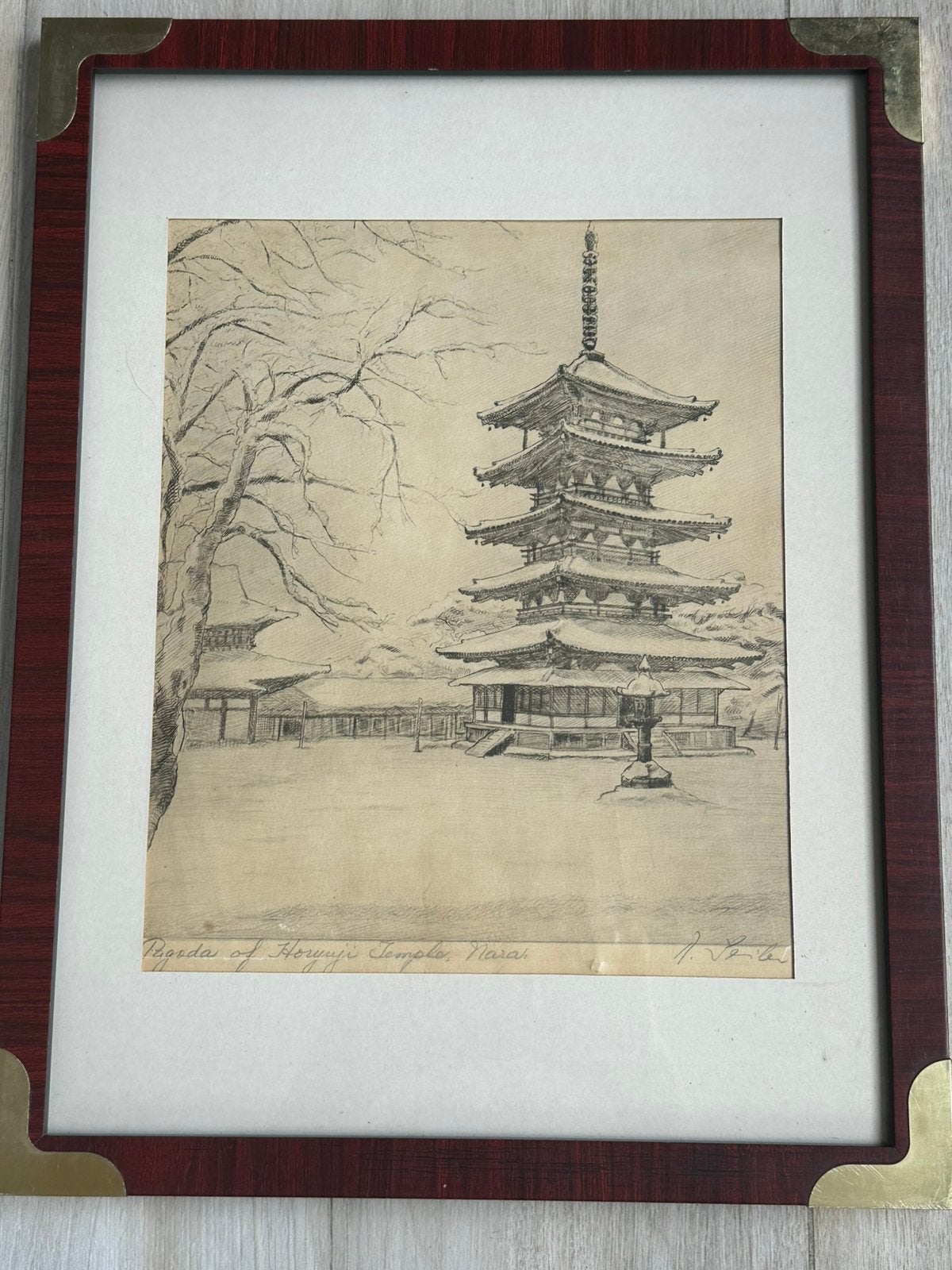 Willy Seiler Ets Pagode Horyuij Temple Japan 33/43 cm, Antiek en Kunst, Ophalen of Verzenden