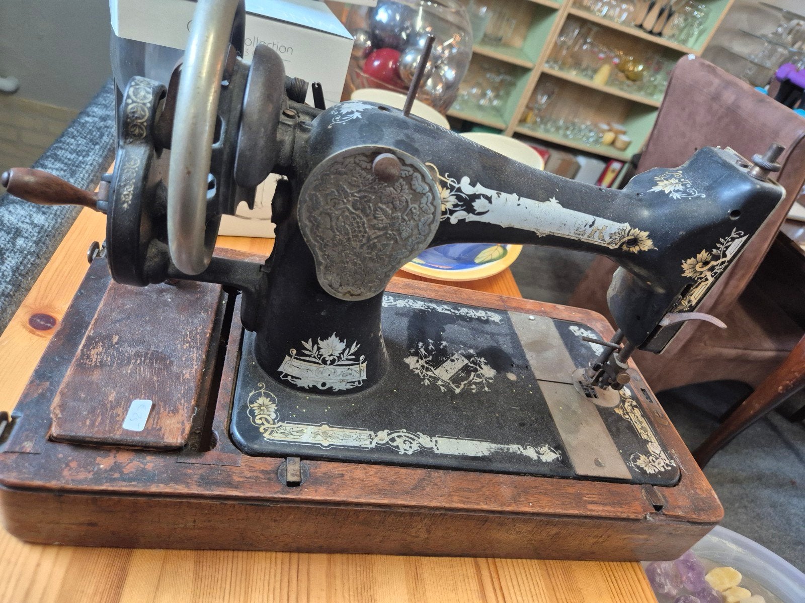 Antieke Singer Naaimachine met Houten Kist - Decoratief, Ophalen of Verzenden