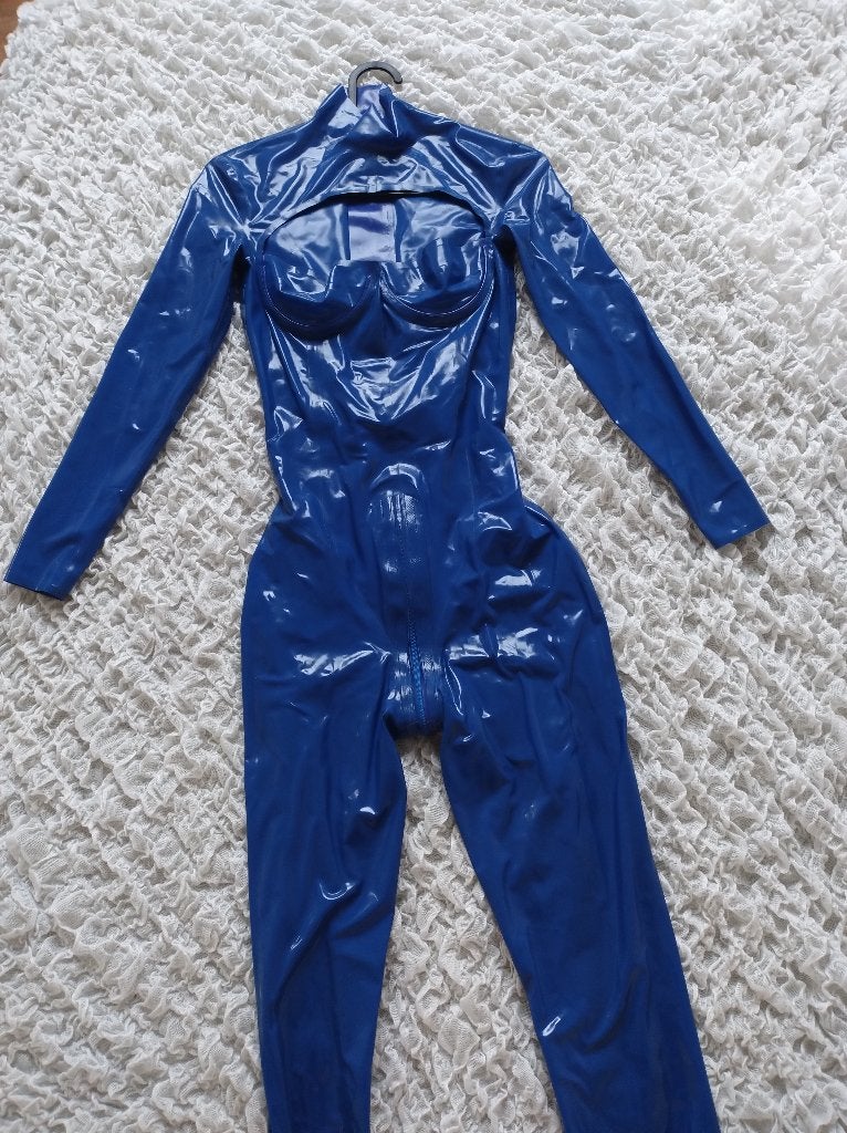 Latex catsuit blauw met keyhole, Maat 34 (XS) of kleiner, Verzenden, Blauw, Kink projects